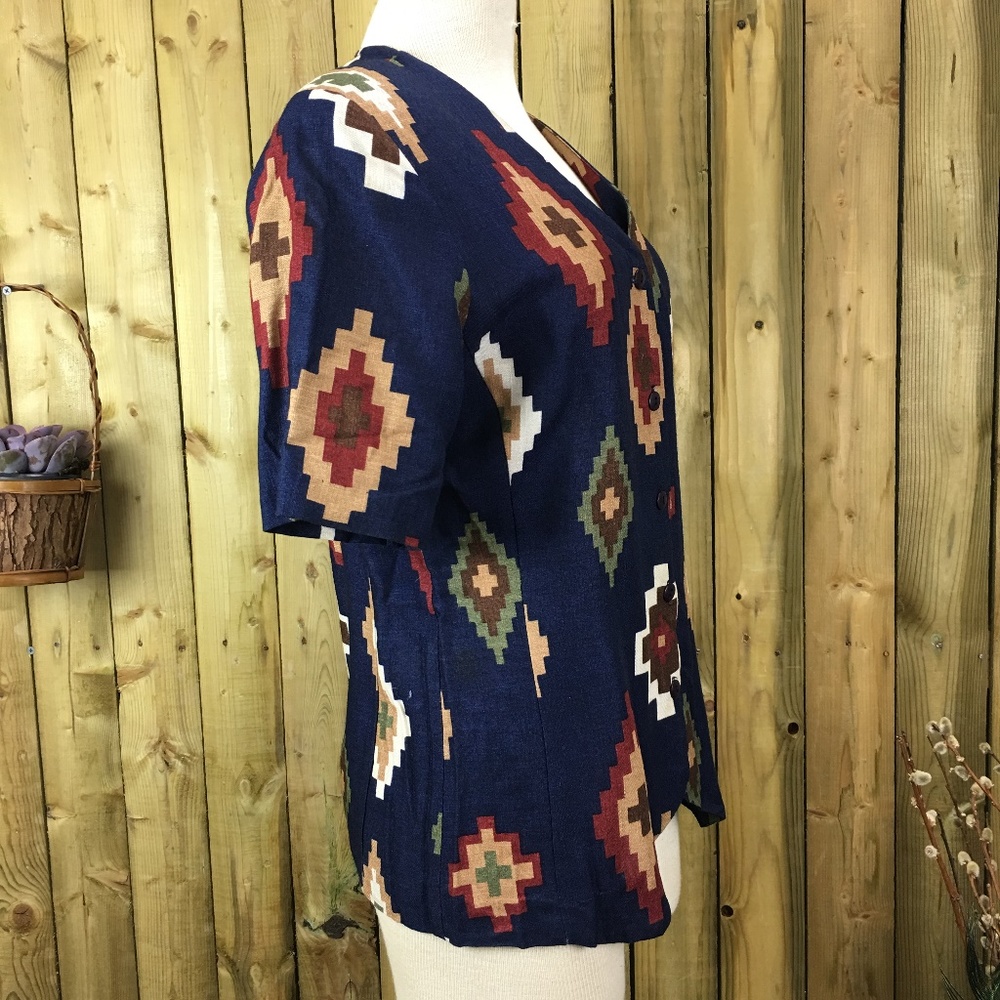 Vintage Southwestern Navy Blue Button Down Blouse - Picture 3 of 5